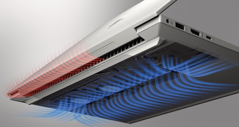 The thermal system draws cool air from under the notebook and expels it through the rear. (Image source: HP)