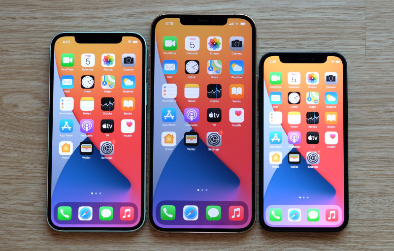 From left to right: iPhone 12, iPhone 12 Pro Max, and iPhone 12 Mini.